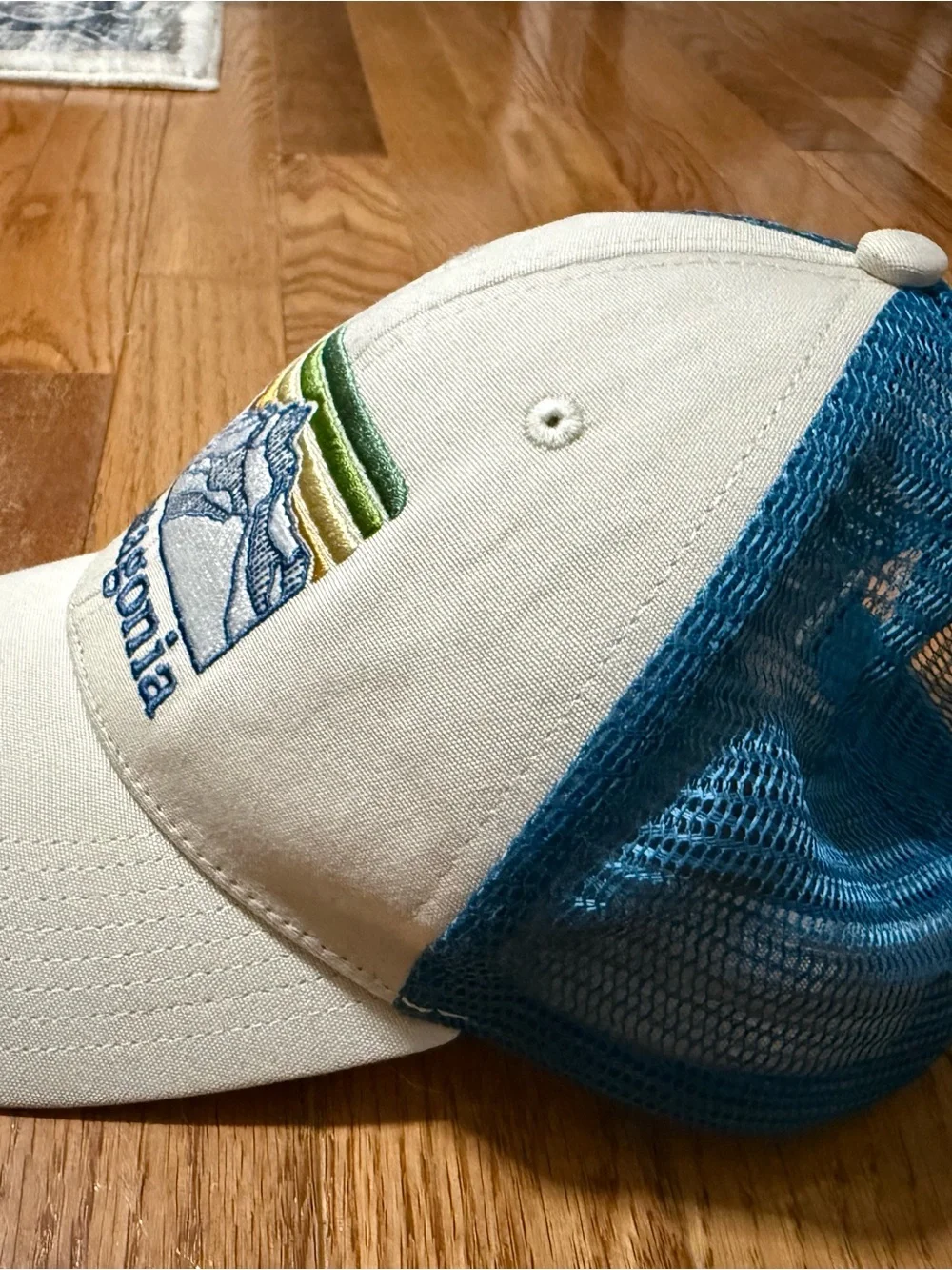 Patagonia Cream and Blue Trucker Hat with Multi-Stripe Mountain Logo